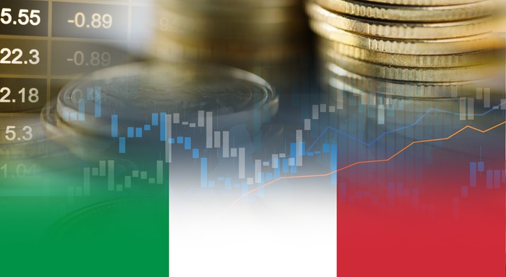 Bandiera italiana monete e grafici economici